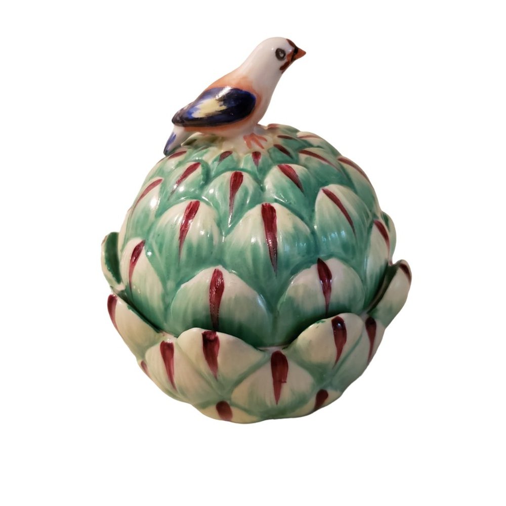 Mottahedeh Artichoke Lidded Box With Bird Finial 5"Tall Italy Rare EUC